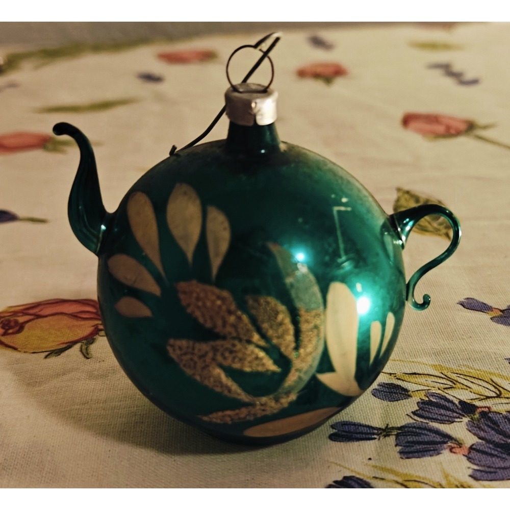 Vintage West Germany Mercury Glass Green Teapot Hand Painted Christmas Ornament